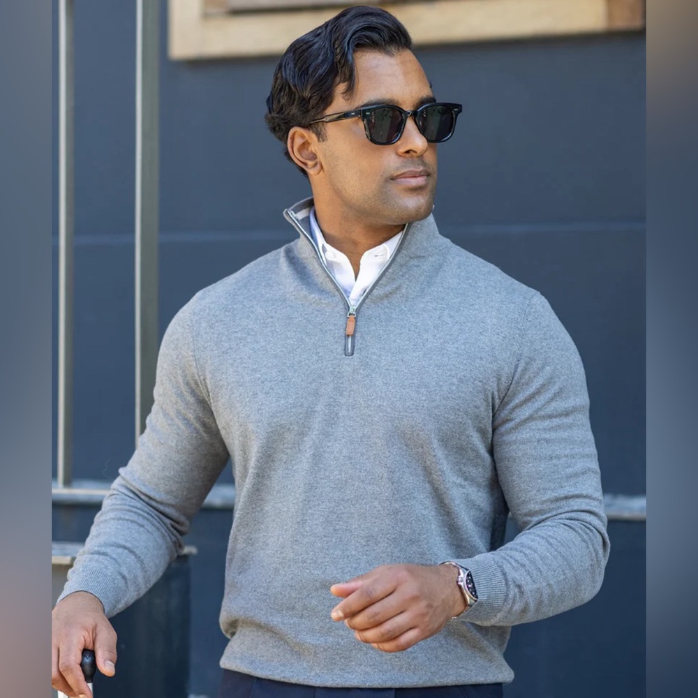 Collars & Co. Luxury Touch Cotton and Cashmere Quarter Zip Sweater Grey Size L